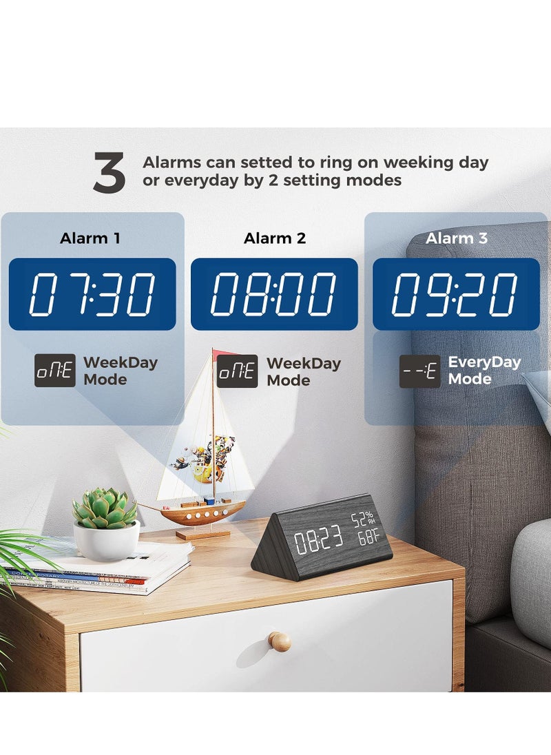 Digital Alarm Clock LED Time Display 3 Settings Adjustable Brightness Humidity Temperature Detect Wood Design for Bedroom Office