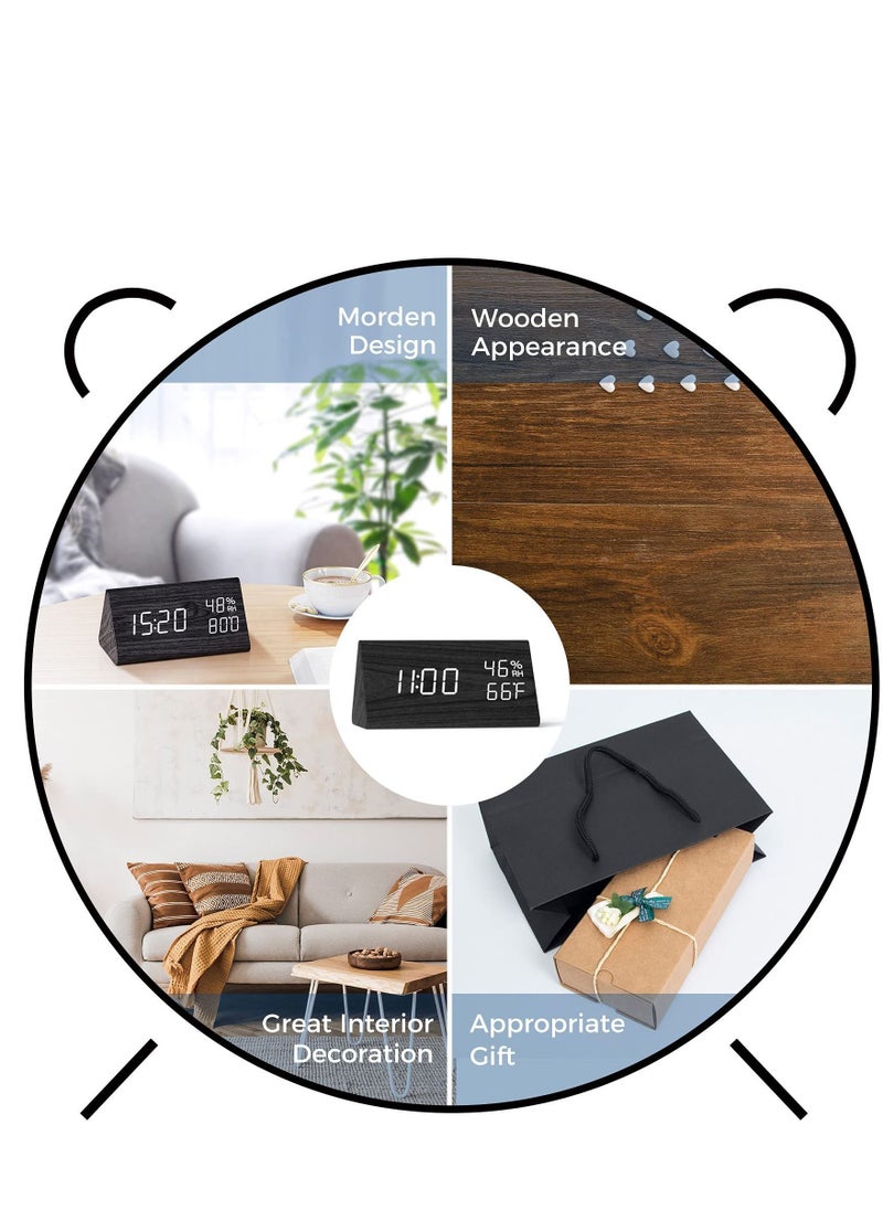 Digital Alarm Clock LED Time Display 3 Settings Adjustable Brightness Humidity Temperature Detect Wood Design for Bedroom Office
