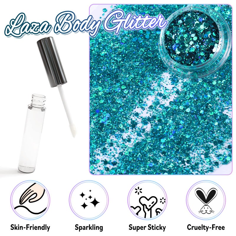 Laza Body Glitter, 2 Jars Holographic Chunky Sequins with Glitter Glue Perfect for Women Eyeshadow Makeup Face Paint Festival Rave Outfits Hair Accessories Carnival Party Costumes - Cyan Blue - Image 2