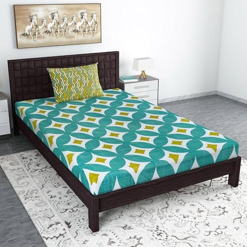 Divine Casa 144 TC 100% Cotton Bedsheet for Single Bed with 1 Pillow Cover (Size 145 X 223 cm, Geometric, Emerald Olive) - Image 1