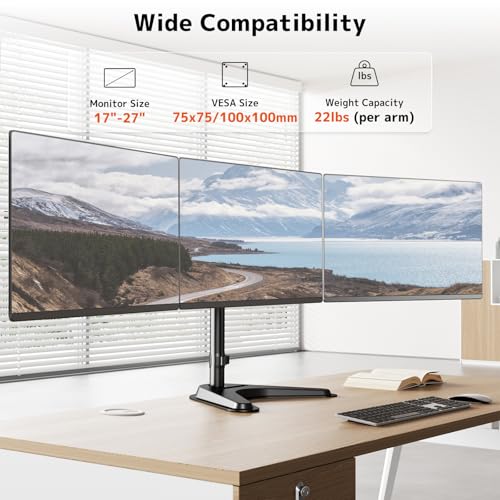 PUTORSEN Triple Monitor Stand, Full Motion Adjustable Arm Fits 3 Screens up to 27 inch, Free Standing Desk Stand with Base and Cable Management, 22 lbs Weight Capacity per Arm, 75/100 mm VESA, Black - Image 2