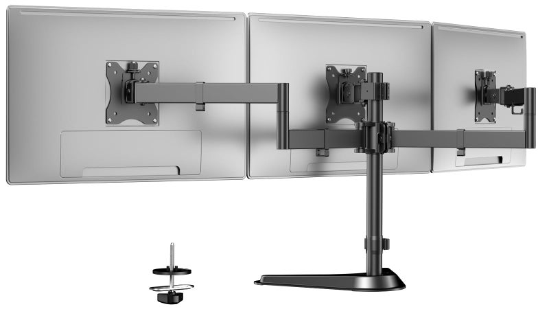 PUTORSEN Triple Monitor Stand, Full Motion Adjustable Arm Fits 3 Screens up to 27 inch, Free Standing Desk Stand with Base and Cable Management, 22 lbs Weight Capacity per Arm, 75/100 mm VESA, Black - Image 1