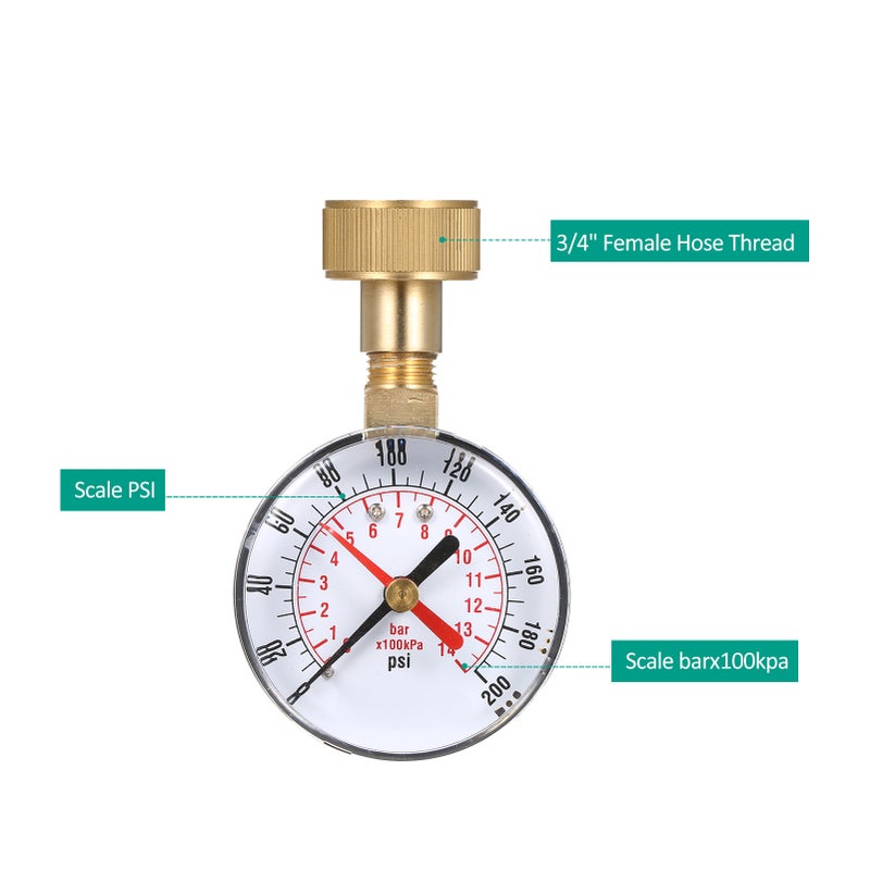 2- 1/2'' مقياس ضغط ميكانيكي لاختبار ضغط المياه بخطية خرطوم أنثى 3/4'' 0-200 باوند لكل بوصة مربعة بخط مؤشر أحمر - Image 5
