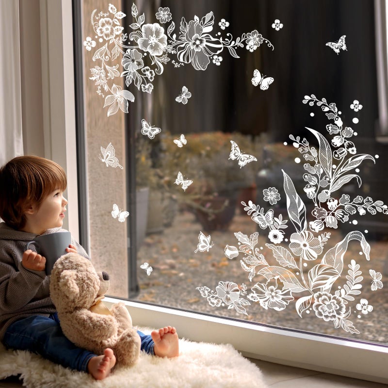 Supzone White Flower Butterflies Window Clings Spring Summer Floral Window Decals Anti-Collision Static Window Stickers Glass Decoration - Image 1