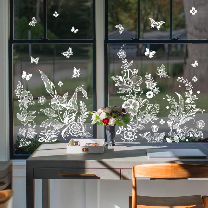 Supzone White Flower Butterflies Window Clings Spring Summer Floral Window Decals Anti-Collision Static Window Stickers Glass Decoration - Image 2