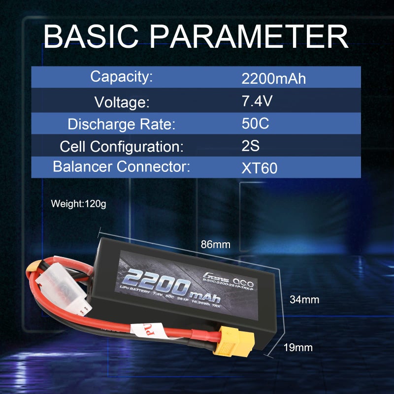 Gens ace Gens ace 2S Lipo Battery 2200mAh 7.4V 50C LiPo Battery Pack with XT60 for Rc Cars Racing RC Boat RC Airplane RC Drone RC Helicopter FPV  - Image 2