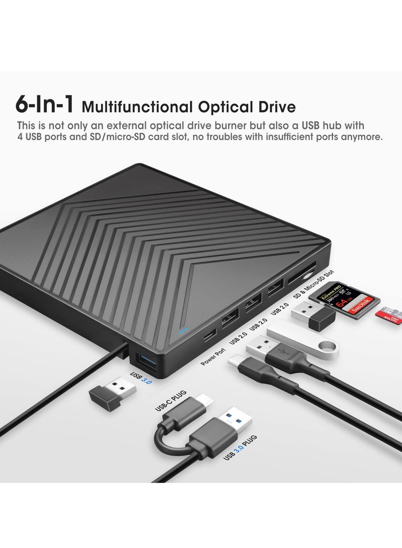 KASTWAVE External CD DVD Drive, Ultra Slim CD Burner USB 3.0 with 4 USB Ports and 2 TF/SD Card Slots, Optical Disk Drive for Laptop Mac, PC Windows 11/10/8/7 Linux OS - Image 2