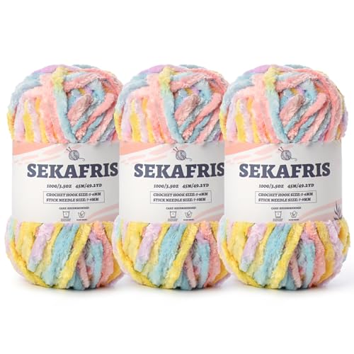 Sekafris Fuzzy Chunky Chenille Yarn for Crocheting，Soft Plush Yarns for Hand Knitting，Bulky 3x100g（3x49.2 yd） Baby Blanket Yarn for Crocheting Amigurumi，Crochet Fluffy Velvet Yarns (3 Macaron) - Image 1