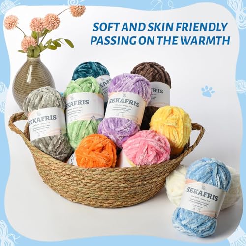 Sekafris Fuzzy Chunky Chenille Yarn for Crocheting，Soft Plush Yarns for Hand Knitting，Bulky 3x100g（3x49.2 yd） Baby Blanket Yarn for Crocheting Amigurumi，Crochet Fluffy Velvet Yarns (3 Macaron) - Image 4