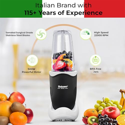 Balzano Bullet Mixer Grinder 500W, 3 Jars, 2 Blades, 3 Lids, Blender for Smoothies and Juices, Nutri Blender for Kitchen, Smoothie Maker, Italian Design, Made in India, Black - Image 2