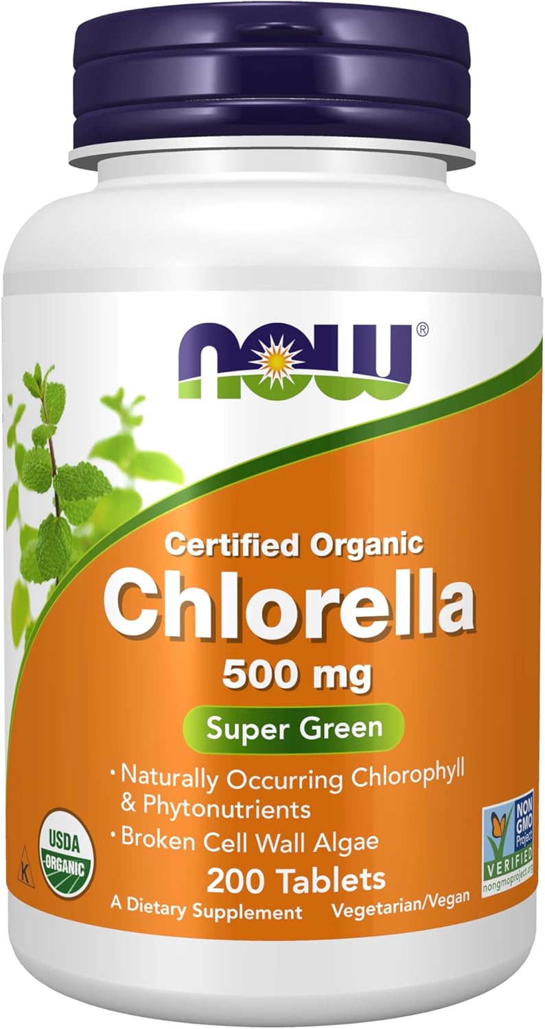 Now Supplements, Organic Chlorella 500 Mg With Naturally Occurring Chlorophyll, Betacarotene, Mixed Carotenoids, Vitamin C, Iron 200 Tablets - Image 1