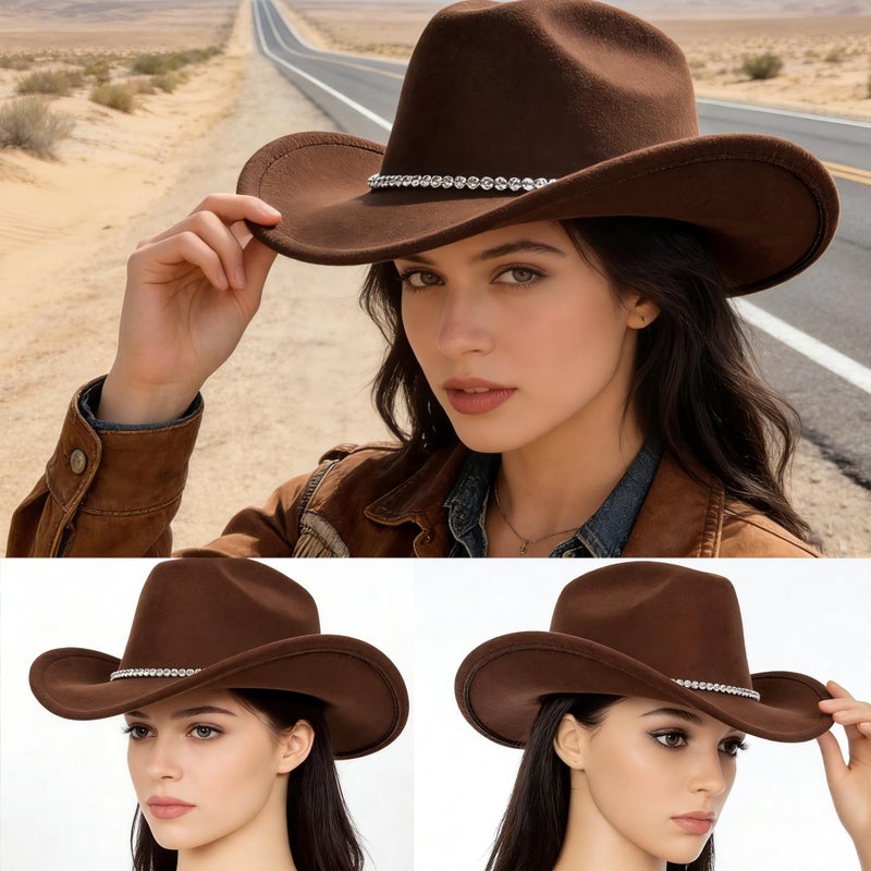 IZUS Women Sparkly-Rhinestone Western-Cowgirl-Hat Glitter-Bling Cowboy-Hat Felt-Rodeo-Hat for Disco-Party Medium/Large - Image 4