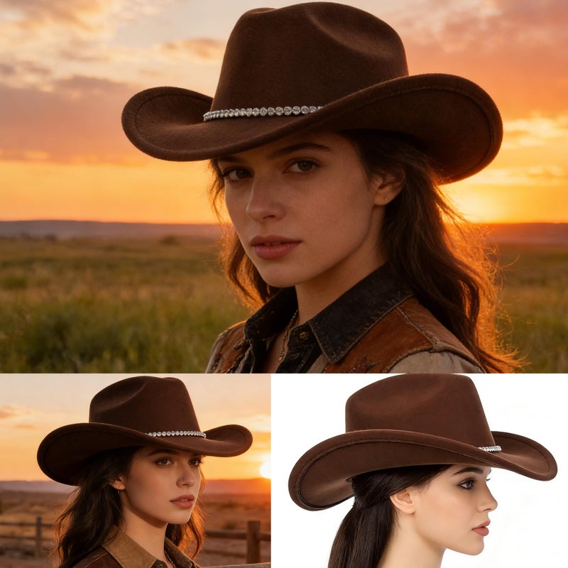 IZUS Women Sparkly-Rhinestone Western-Cowgirl-Hat Glitter-Bling Cowboy-Hat Felt-Rodeo-Hat for Disco-Party Medium/Large - Image 5