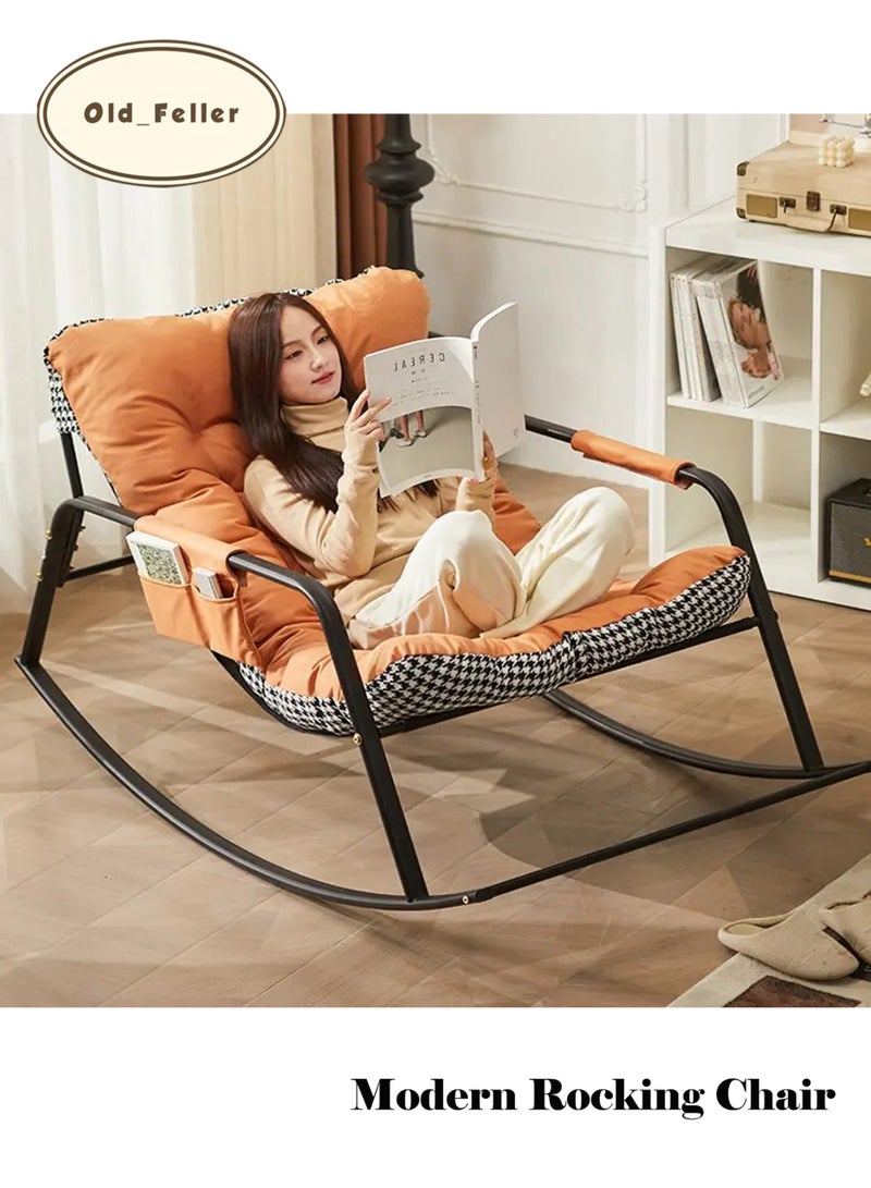 Old_Feller Double Living Room Recliner Outdoor Rocking Chair with Armrests Storage Bag, Modern Rocker Recliner Chair with Padded Cushion, Lounge Chair for Balcony, Lazy Sofa Chair for Lounge Living Room Bedroom Patio Garden (Orange/Houndstooth) ﻿ - Image 1