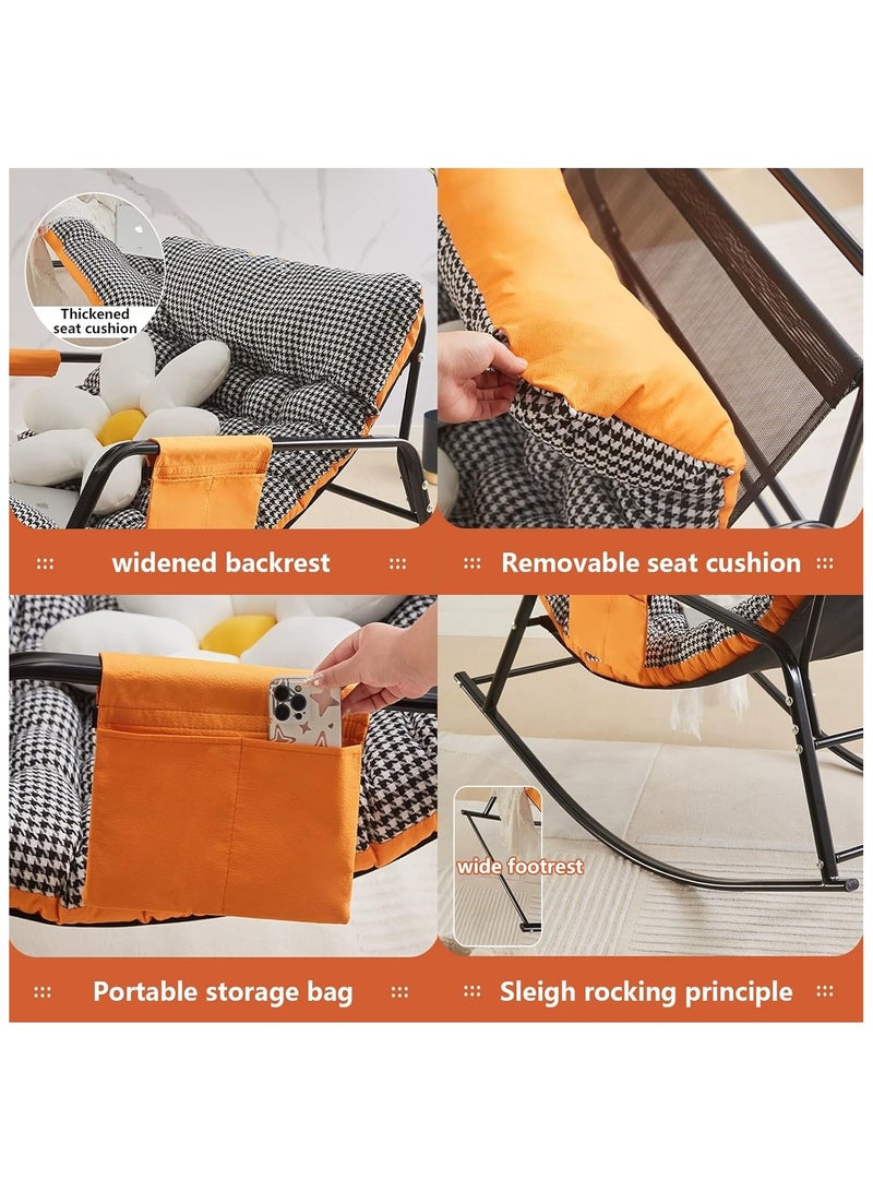 Old_Feller Double Living Room Recliner Outdoor Rocking Chair with Armrests Storage Bag, Modern Rocker Recliner Chair with Padded Cushion, Lounge Chair for Balcony, Lazy Sofa Chair for Lounge Living Room Bedroom Patio Garden (Orange/Houndstooth) ﻿ - Image 4