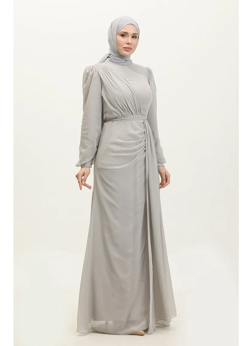 Sefa Merve Pleated Belted Evening Dress 5711A-13 Gray