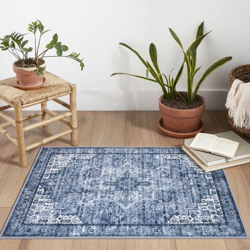 SIILOOM 2x3 Washable Rug for Entrance, Blue Soft Traditional Area Rug, Non-Slip Printed Kitchen Rugs, Low-Pile Medallion Indoor Door Mat, Small Farmhouse Carpet for Entryway Kitchen Foyer Bedside - Image 2