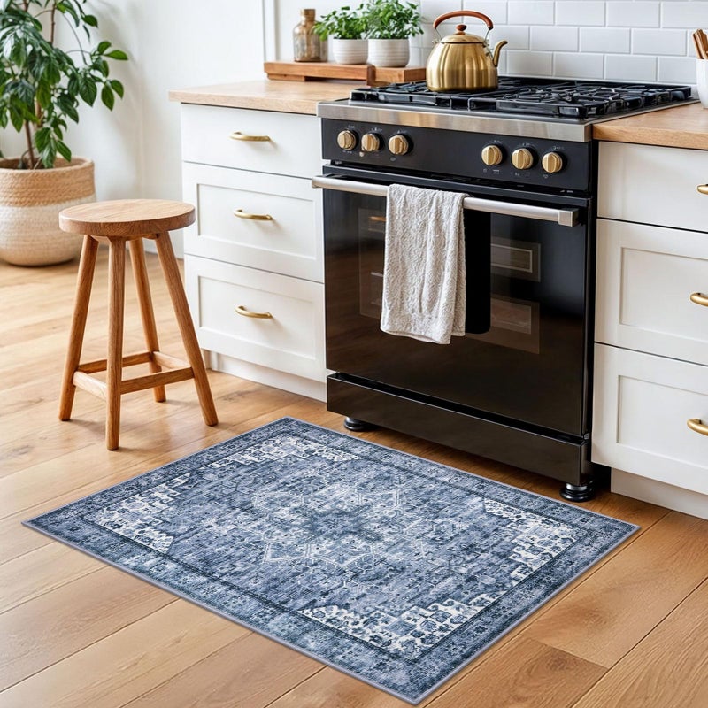 SIILOOM 2x3 Washable Rug for Entrance, Blue Soft Traditional Area Rug, Non-Slip Printed Kitchen Rugs, Low-Pile Medallion Indoor Door Mat, Small Farmhouse Carpet for Entryway Kitchen Foyer Bedside - Image 3