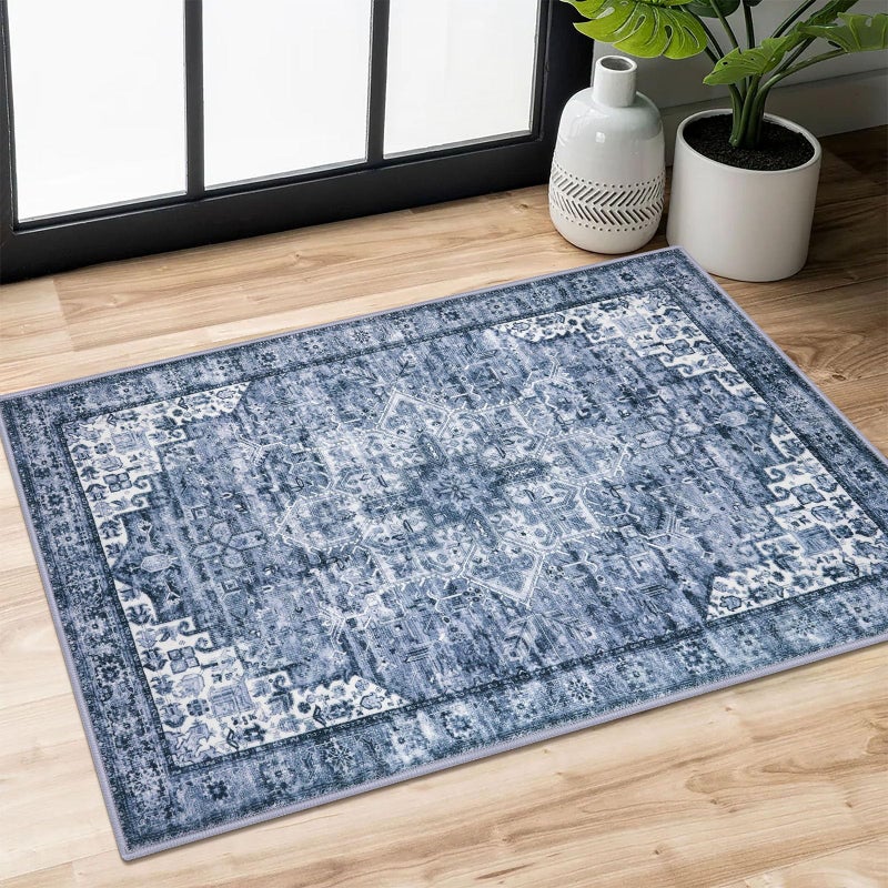SIILOOM 2x3 Washable Rug for Entrance, Blue Soft Traditional Area Rug, Non-Slip Printed Kitchen Rugs, Low-Pile Medallion Indoor Door Mat, Small Farmhouse Carpet for Entryway Kitchen Foyer Bedside - Image 1