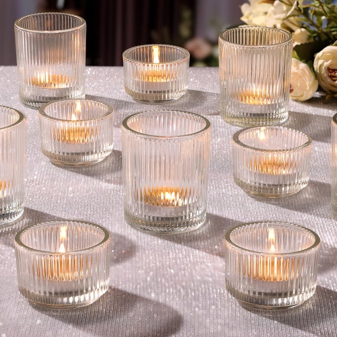 20PCS ASSORTED RIBBED CLEAR VOTIVE TEA LIGHT CANDLE HOLDERS GLASS CANDLE HOLDER FOR TABLE CENTERPIECE WEDDING BABY SHOWER HOME AND PARTY DECORATIONS