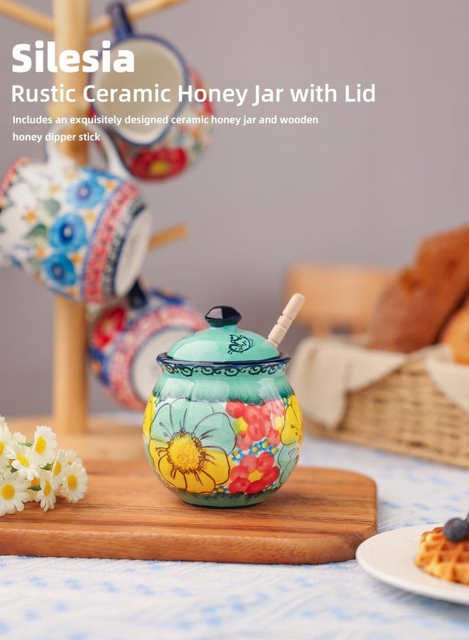 silesia Handmade Ceramic Honey Jar with Lid, 8 oz Floral Design Honey Pot with Dipper, Hand-Painted Honey Containers for Honey, Jam, or Syrup, Dishwasher Safe (Flowers Green) - Image 4