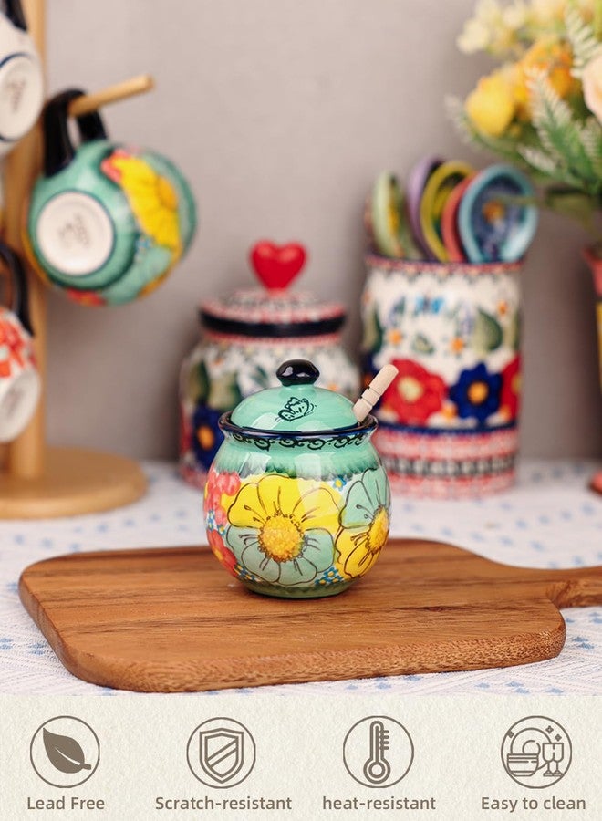 silesia Handmade Ceramic Honey Jar with Lid, 8 oz Floral Design Honey Pot with Dipper, Hand-Painted Honey Containers for Honey, Jam, or Syrup, Dishwasher Safe (Flowers Green) - Image 3