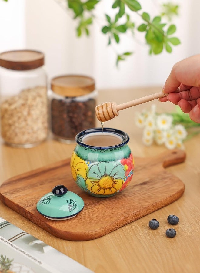 silesia Handmade Ceramic Honey Jar with Lid, 8 oz Floral Design Honey Pot with Dipper, Hand-Painted Honey Containers for Honey, Jam, or Syrup, Dishwasher Safe (Flowers Green) - Image 5