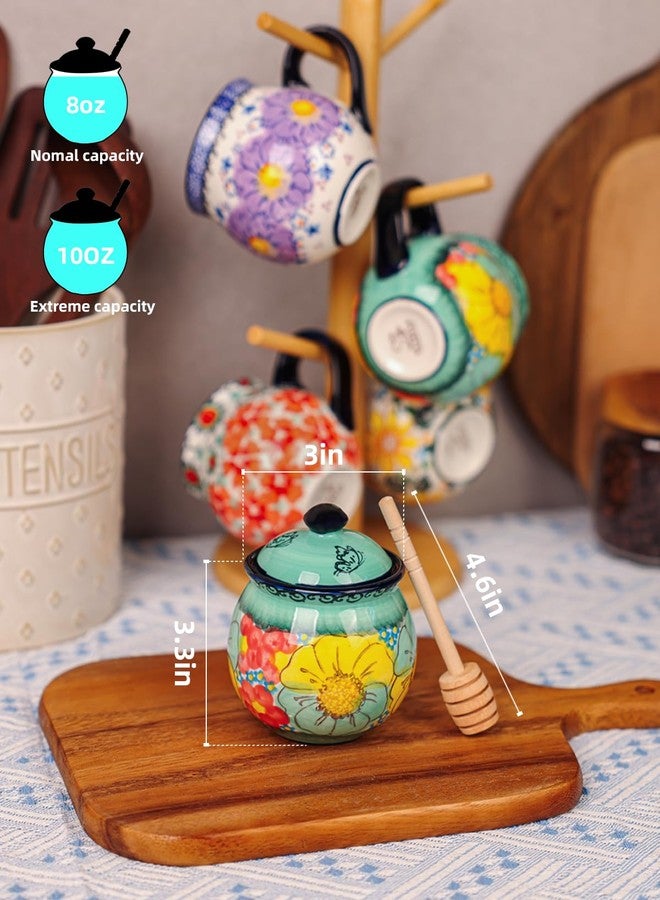silesia Handmade Ceramic Honey Jar with Lid, 8 oz Floral Design Honey Pot with Dipper, Hand-Painted Honey Containers for Honey, Jam, or Syrup, Dishwasher Safe (Flowers Green) - Image 2