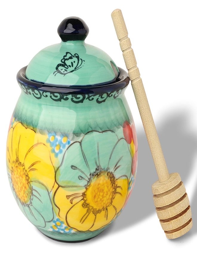 silesia Handmade Ceramic Honey Jar with Lid, 8 oz Floral Design Honey Pot with Dipper, Hand-Painted Honey Containers for Honey, Jam, or Syrup, Dishwasher Safe (Flowers Green) - Image 1