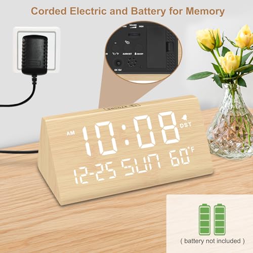 DreamSky Digital Alarm Clocks for Bedrooms - Wooden Desk Clock with Date, Day of Week, USB Port, Temperature, Dimmer for Bedside Table, Living Room, Office, Adjustable Volume, Auto DST, Wood Decor - Image 2