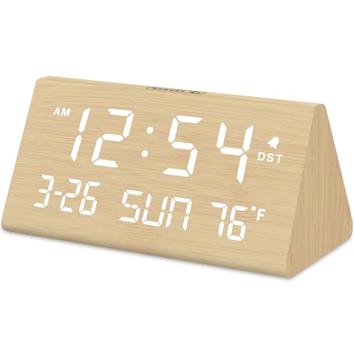 DreamSky Digital Alarm Clocks for Bedrooms - Wooden Desk Clock with Date, Day of Week, USB Port, Temperature, Dimmer for Bedside Table, Living Room, Office, Adjustable Volume, Auto DST, Wood Decor - Image 1