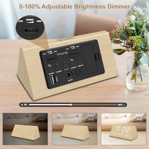 DreamSky Digital Alarm Clocks for Bedrooms - Wooden Desk Clock with Date, Day of Week, USB Port, Temperature, Dimmer for Bedside Table, Living Room, Office, Adjustable Volume, Auto DST, Wood Decor - Image 5
