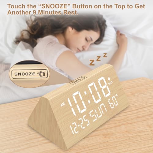DreamSky Digital Alarm Clocks for Bedrooms - Wooden Desk Clock with Date, Day of Week, USB Port, Temperature, Dimmer for Bedside Table, Living Room, Office, Adjustable Volume, Auto DST, Wood Decor - Image 4