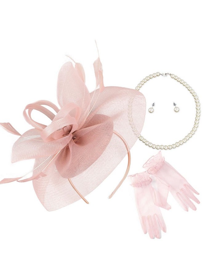 Ibeauti - Fascinator Hats With Screentouch Lace Gloves Set For Women Tea Party Cocktail Wedding Derby Headwear Short Gloves (07 Nude Pink) - Image 1