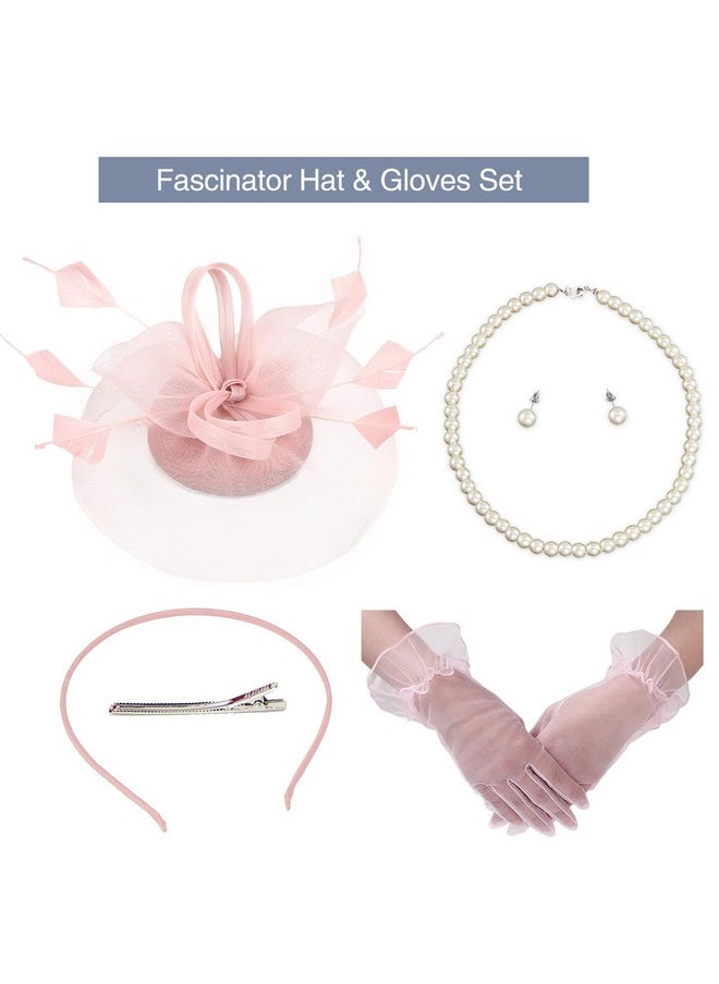 Ibeauti - Fascinator Hats With Screentouch Lace Gloves Set For Women Tea Party Cocktail Wedding Derby Headwear Short Gloves (07 Nude Pink) - Image 1