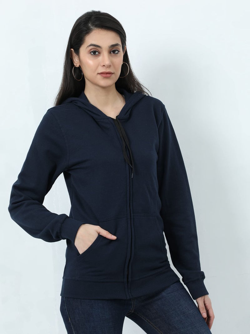 Wafaa Women's Cotton Plain Hooded Neck Full Zipper Navy Blue Color Regular Fit Sweatshirt Hoodies with Kangaroo Pocket 4XL Size - Image 5