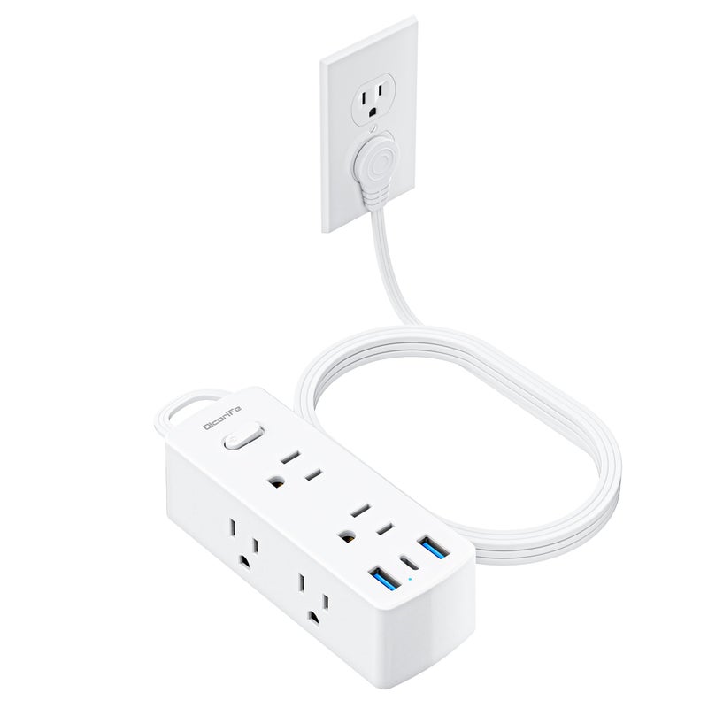 olcorife Flat Extension Cord 10ft, Olcorife Flat Plug Power Strip with 6 Outlets 3 USB Ports(1 USB C), 3-Side Outlet Extender Surge Protector for Home Office Dorm Room Essentials, White - Image 1