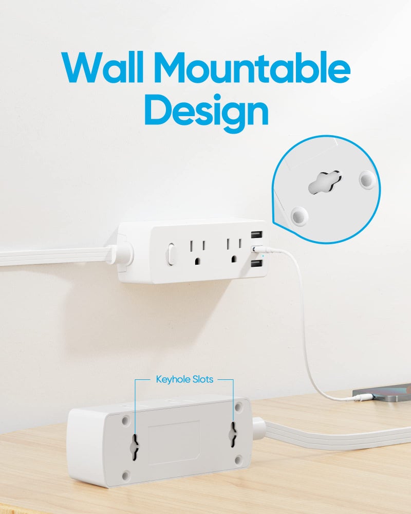 olcorife Flat Extension Cord 10ft, Olcorife Flat Plug Power Strip with 6 Outlets 3 USB Ports(1 USB C), 3-Side Outlet Extender Surge Protector for Home Office Dorm Room Essentials, White - Image 5