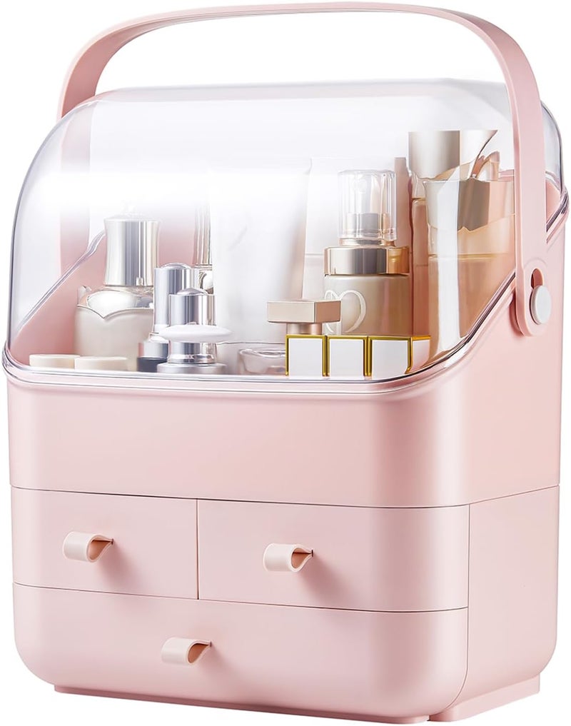 SUNFICON Preppy Skincare Organizers Pink Makeup Organizer Holder Beauty Cosmetic Storage Box Large Display Case Dust Free Cover Portable Handle 2 Rroomy Drawers Gift Great For Bathroom Countertop