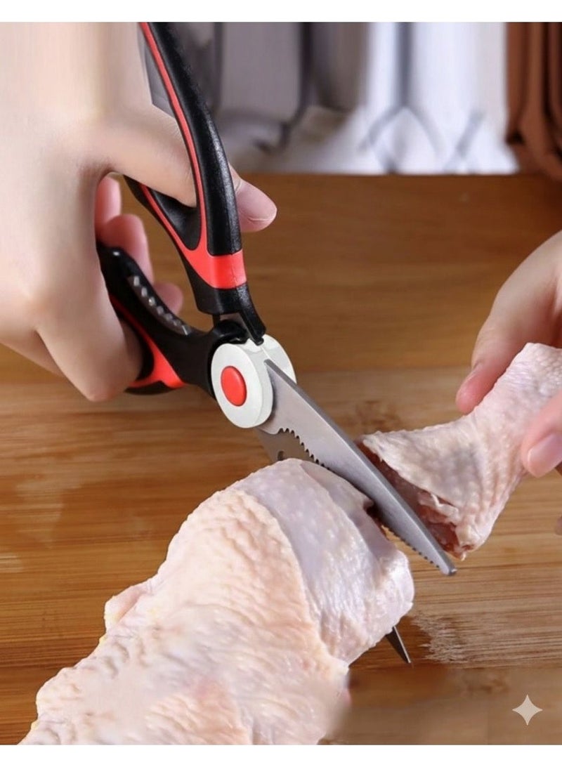 Multi-purpose professional kitchen shears | Sharp and durable food and poultry shears | Stainless steel blades | Ergonomic handle for easy cutting of vegetables and meat | Black and red color - Image 3