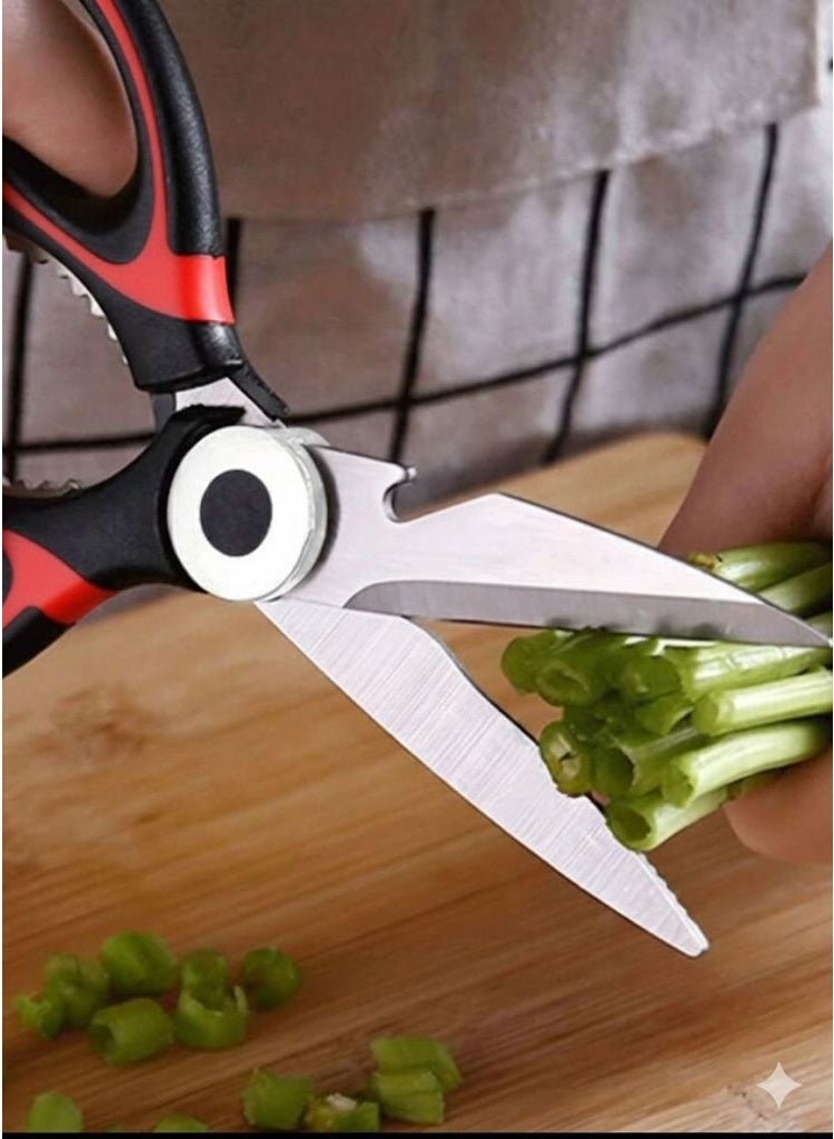 Multi-purpose professional kitchen shears | Sharp and durable food and poultry shears | Stainless steel blades | Ergonomic handle for easy cutting of vegetables and meat | Black and red color - Image 4