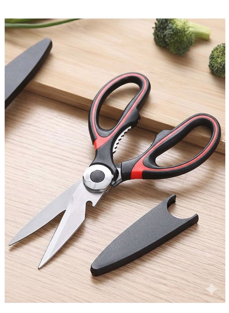 Multi-purpose professional kitchen shears | Sharp and durable food and poultry shears | Stainless steel blades | Ergonomic handle for easy cutting of vegetables and meat | Black and red color - Image 2