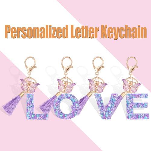 Suweibuke Colourful Cute Initial Letter Keychains for Women Girls with Tassel Butterfly, Charm for Purse Handbags Backpacks (Purple Dream Star Sky-A) - Image 4