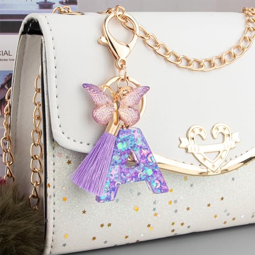 Suweibuke Colourful Cute Initial Letter Keychains for Women Girls with Tassel Butterfly, Charm for Purse Handbags Backpacks (Purple Dream Star Sky-A) - Image 3
