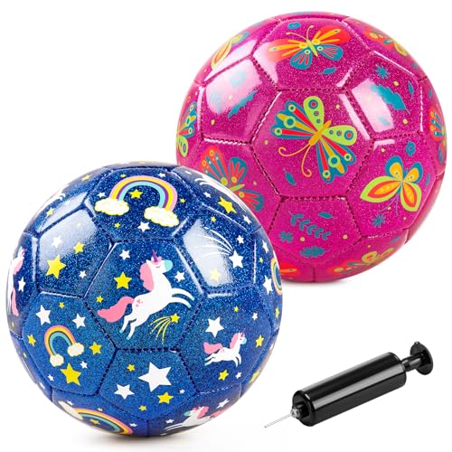 ZOOJOY Soccer Ball Size 2 2 Pack Cartoon Ball with Pump Mesh Bag Butterfly Unicorn Toddler Girl Toys for 1 2 3 4 5 6 Years Old Perfect Sensory Toys for Girls Boys Indoor Outdoor Play Balls Gifts - Image 1