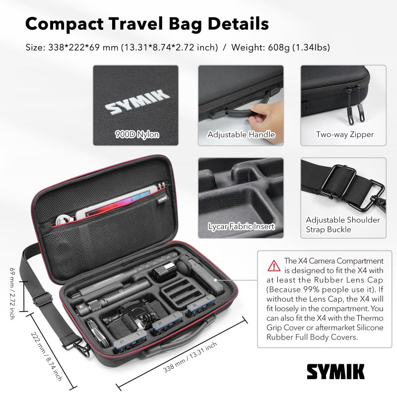 SYMIK S320-X Carrying Case for Insta360 X5 X4 Air, Anti-water Splash, Anti-shock Compact Travel Bag with Shoulder Strap, Handy Handle, Protective Storage Nylon Case for Insta 360 X5 X4 Air Accessories - Image 4