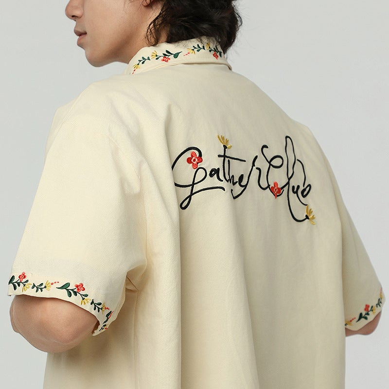 SavageBase Men's Short Sleeve Cotton Shirt with Floral Embroidery 2026 Summer - Image 2