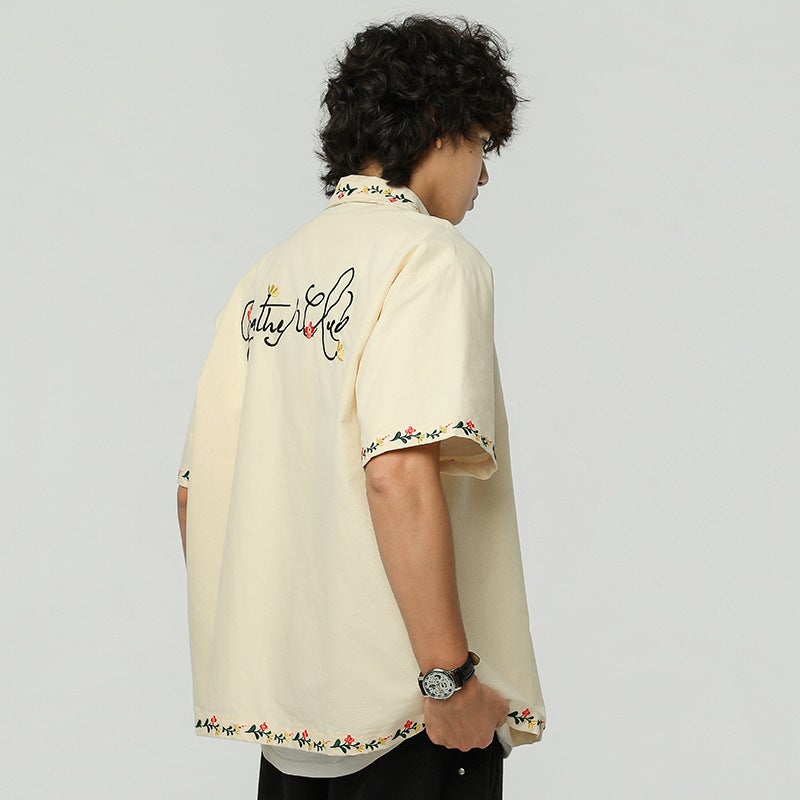 SavageBase Men's Short Sleeve Cotton Shirt with Floral Embroidery 2026 Summer - Image 4