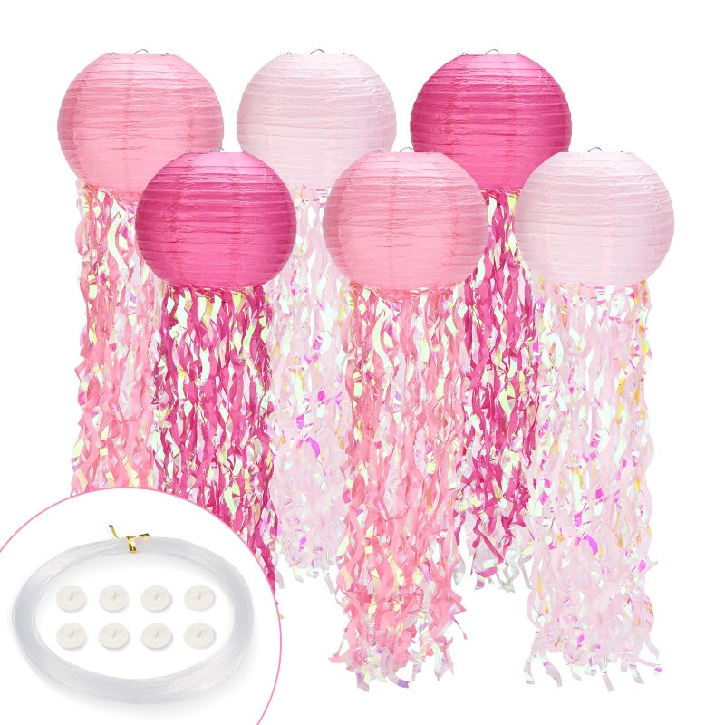 GAILROSO Jellyfish Paper Lanterns,Under The Sea Party Decorations 6Pack with String and Hooks,Hanging Jelly Fish for Mermaid,Ocean Themed,Birthday,Party(Pink 8Inch) - Image 1