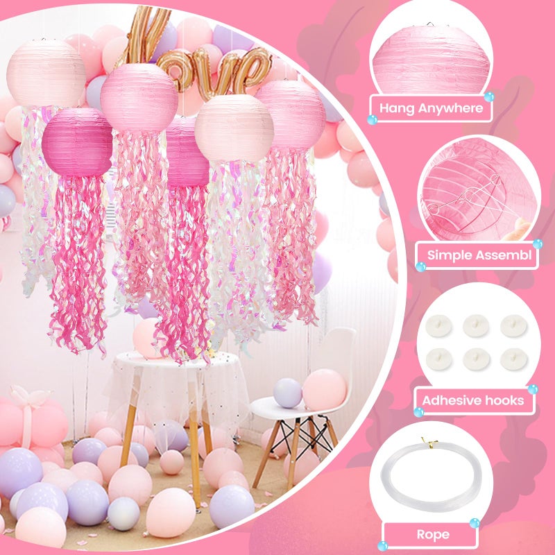GAILROSO Jellyfish Paper Lanterns,Under The Sea Party Decorations 6Pack with String and Hooks,Hanging Jelly Fish for Mermaid,Ocean Themed,Birthday,Party(Pink 8Inch) - Image 3